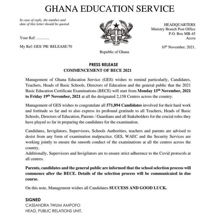 2021 BECE scheduled to begin on Monday, Nov. 15