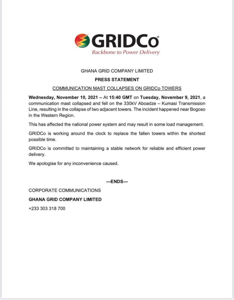 Communication mast collapses on GRIDCo towers, may result in load management - GRIDCo