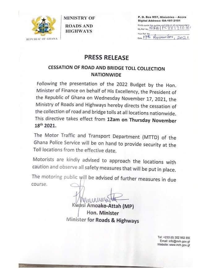 Stop collecting road, bridge tolls from today - Roads Minister directs Stop collecting road, bridge tolls from today - Roads Minister directs