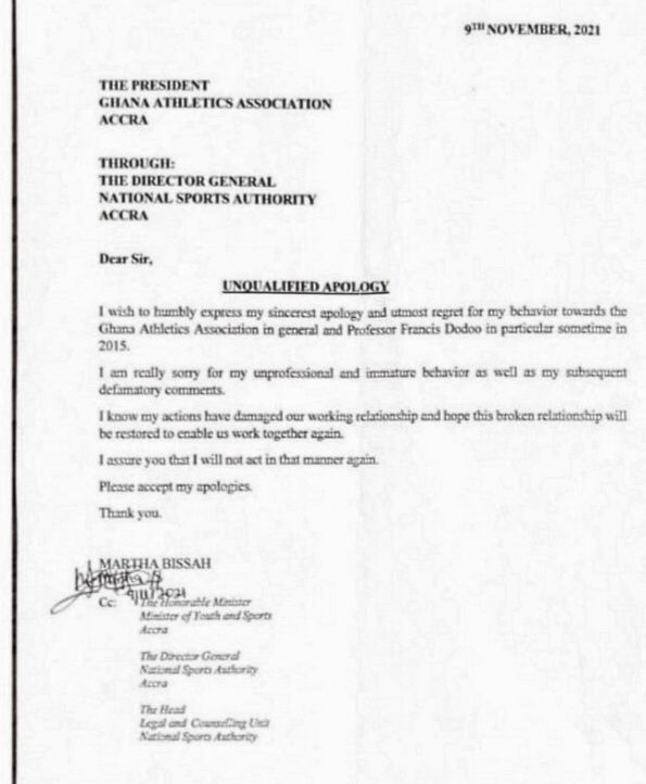 After six years, Martha Bissah apologises to Ghana Athletics Association After six years, Martha Bissah apologises to Ghana Athletics Association