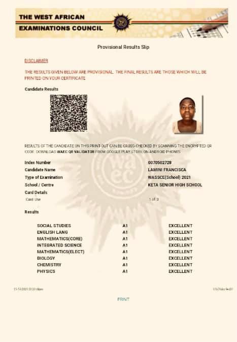 Ketasco's Fransica Lamini scores another straight As in WASSCE after NSMQ showdown