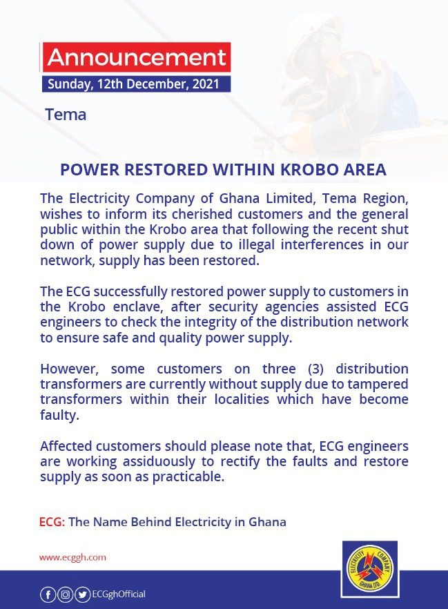 ECG restores power within Krobo area