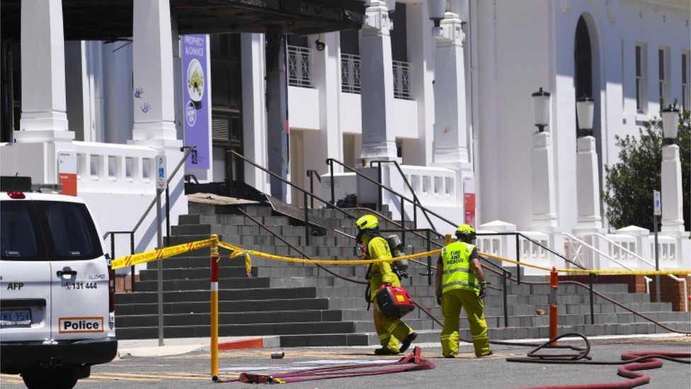 Protesters set Australia's old parliament on fire