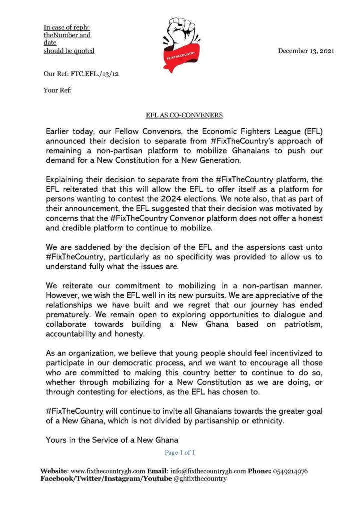 EFL did not specify why they broke away - FixTheCountry Movement EFL did not specify why they broke away - FixTheCountry Movement
