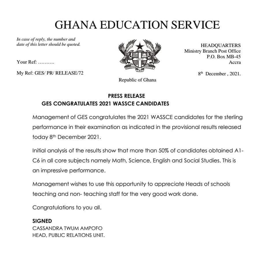 Congratulations on your sterling 2021 WASSCE performance - GES to candidates Congratulations on your sterling 2021 WASSCE performance - GES to candidates