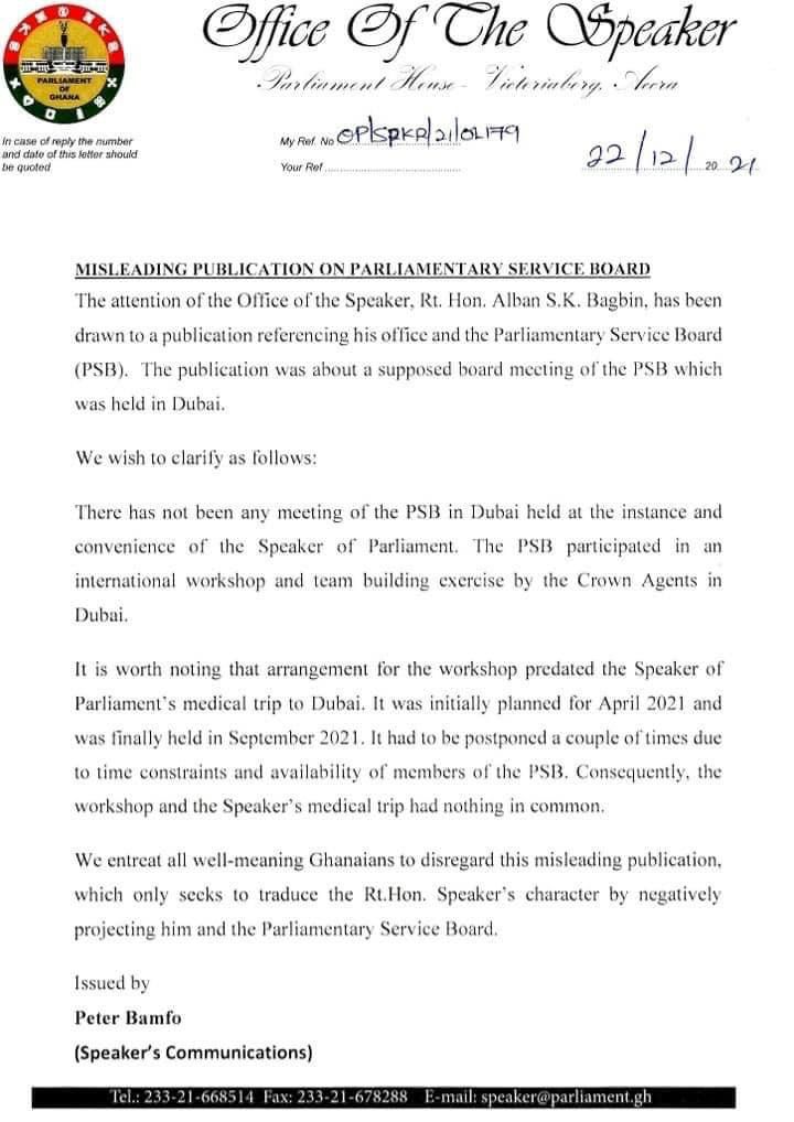 Parliamentary Service Board didn't meet in Dubai - Bagbin Parliamentary Service Board didn't meet in Dubai - Bagbin