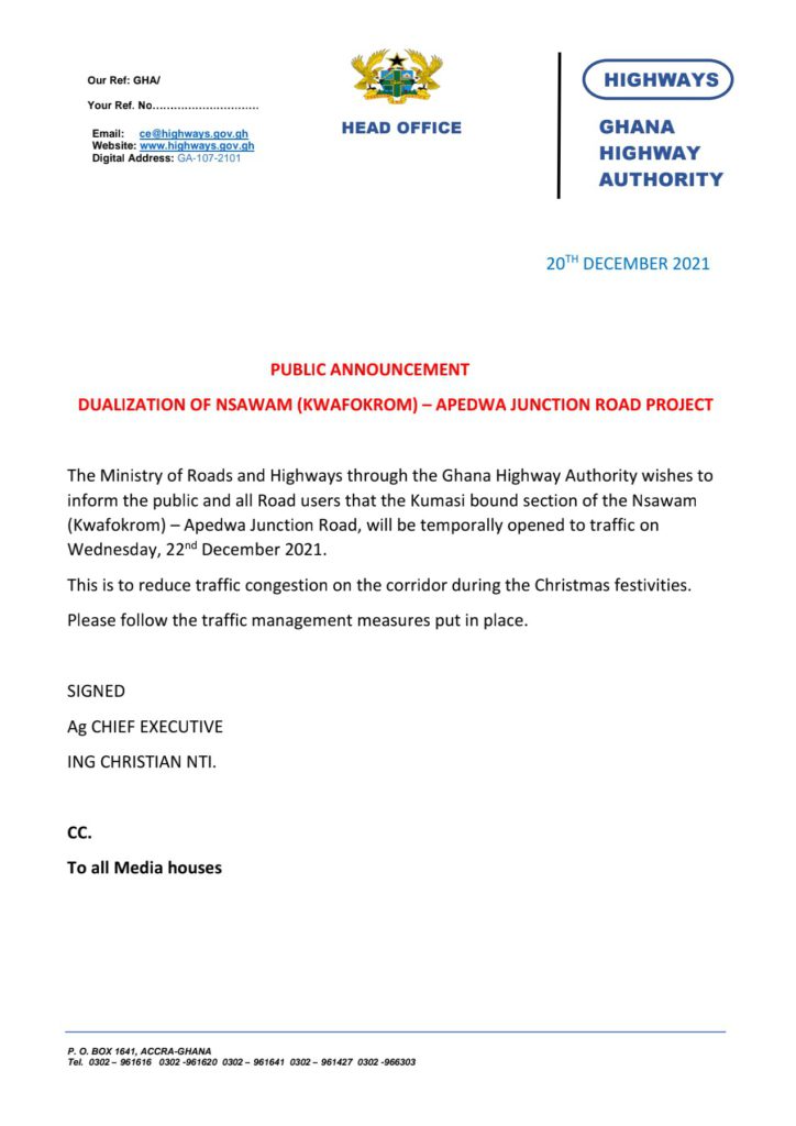 Nsawam-Apedwa junction road to be opened today - Roads Ministry Nsawam-Apedwa junction road to be opened today - Roads Ministry