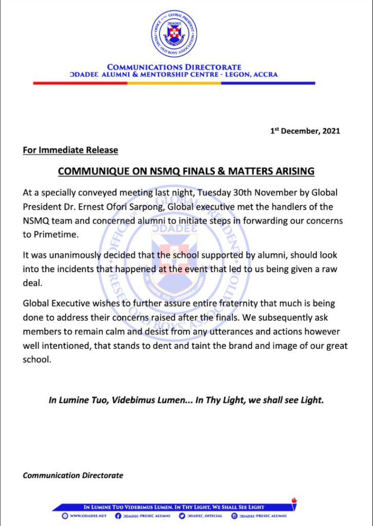 Presec alumni petition Primetime over unfair treatment at 2021 NSMQ finals Presec alumni petition Primetime over unfair treatment at 2021 NSMQ finals