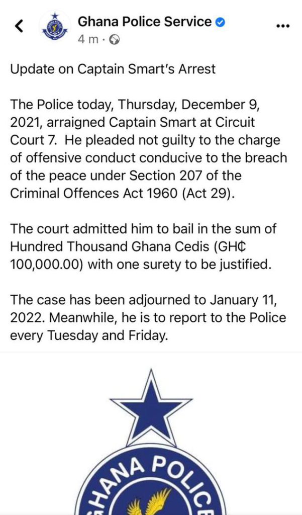 Captain Smart granted GH₵100k bail Captain Smart granted GH₵100k bail
