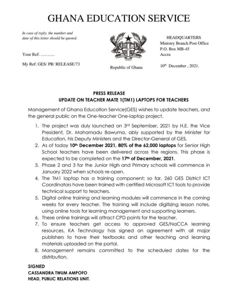 1 Teacher 1 Laptop project: 80% of laptops for SHS teachers delivered - GES 1 Teacher 1 Laptop project: 80% of laptops for SHS teachers delivered - GES