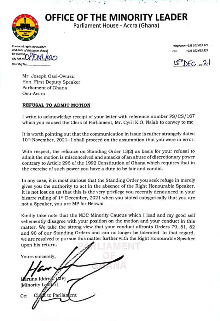 ‘Your refusal to admit motion smacks of abuse of discretionary power’ – Haruna Iddrisu to First Deputy Speaker ‘Your refusal to admit motion smacks of abuse of discretionary power’ – Haruna Iddrisu to First Deputy Speaker