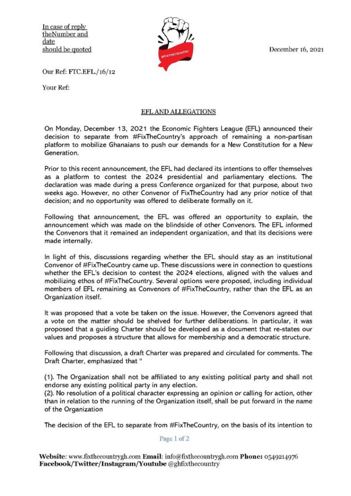 Provide evidence to back your claims, or render apology - FixTheCountry conveners to EFL Provide evidence to back your claims, or render apology - FixTheCountry conveners to EFL