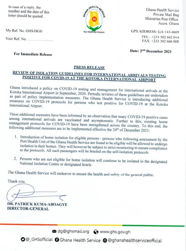 Covid-19: GHS introduces home isolation for eligible international arrivals Covid-19: GHS introduces home isolation for eligible international arrivals