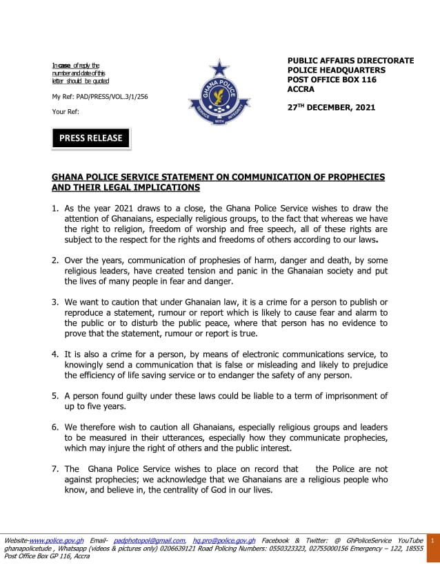 Police cautions against prophecies that cause fear and panic ahead of watchnight services