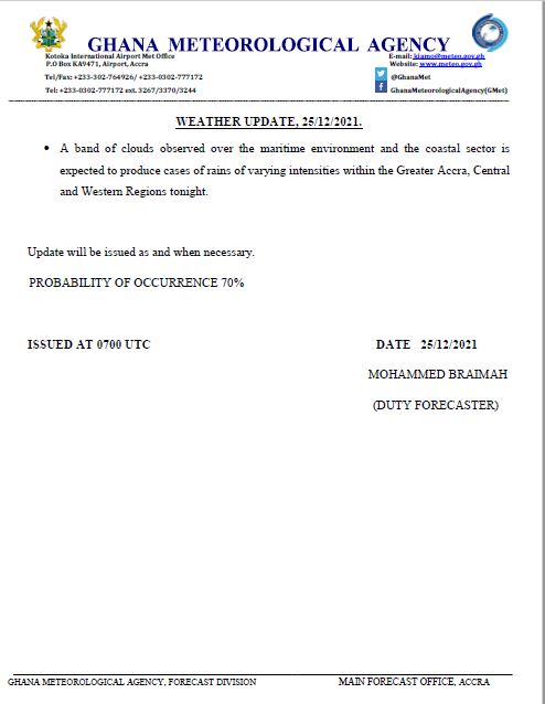 Meteorological Agency warns of rains in Greater Accra, Central and Western regions