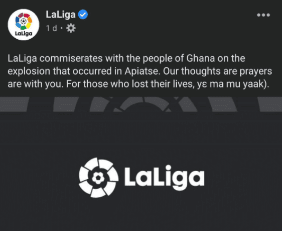 LaLiga commiserates with victims of Apeatse explosion