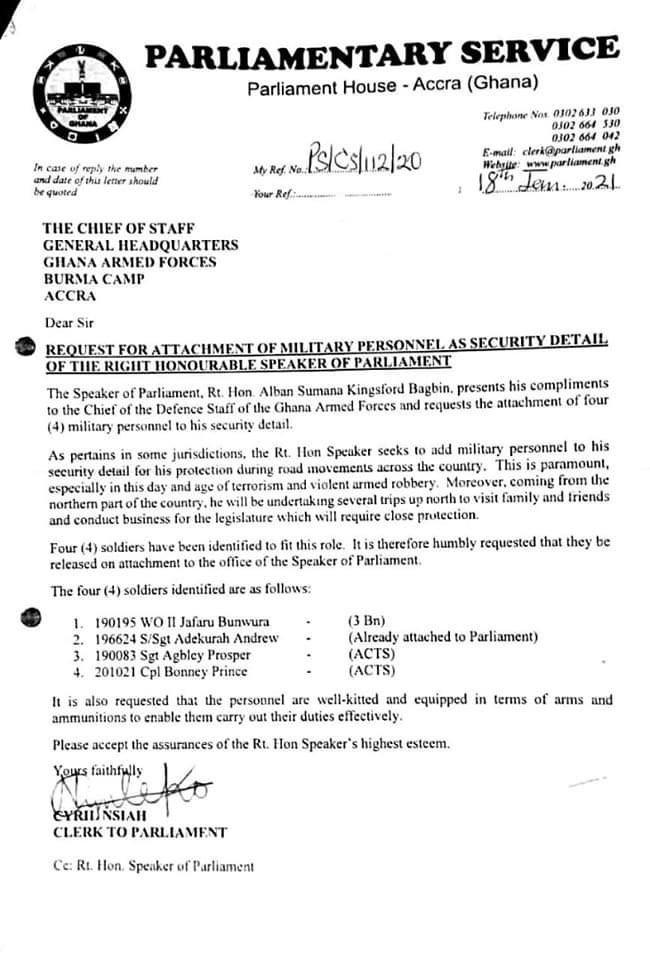 Parliament requests military security for Speaker Bagbin from GAF Parliament requests military security for Speaker Bagbin from GAF