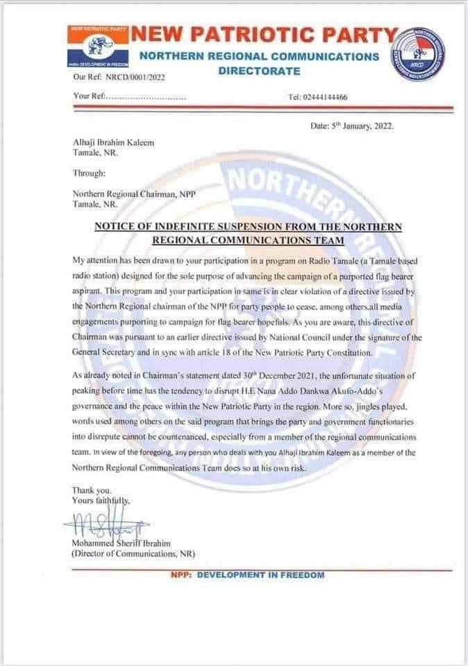 NPP Northern Regional branch suspends communications team member for endorsing Alan Kyerematen as flagbearer