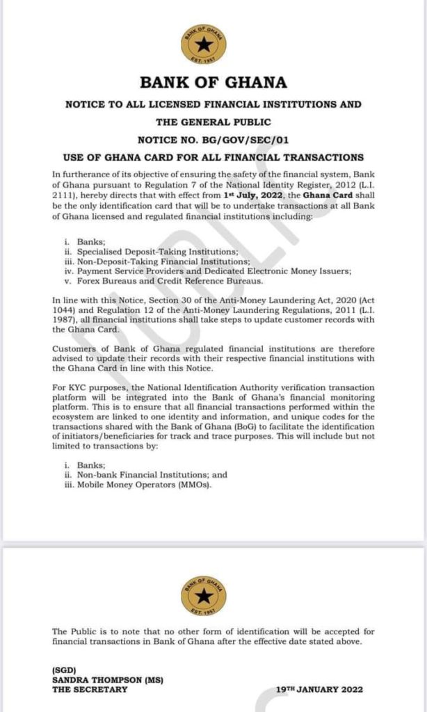Ghana Card to be sole identification card for financial transactions from July 1 Ghana Card to be sole identification card for financial transactions from July 1
