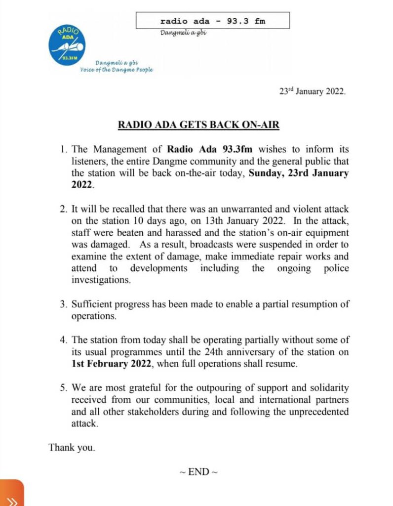 Radio Ada resumes partial operations after vandalisation by thugs Radio Ada resumes partial operations after vandalisation by thugs
