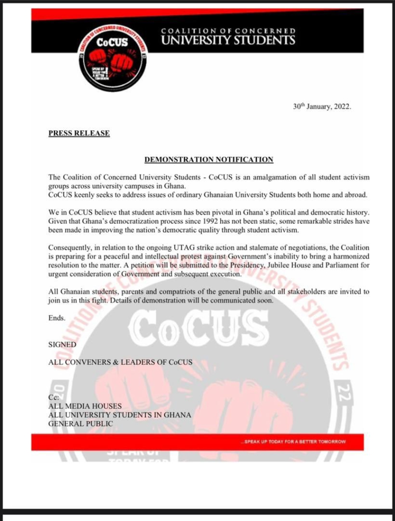 Coalition of Concerned Students to petition Presidency, Parliament over UTAG strike