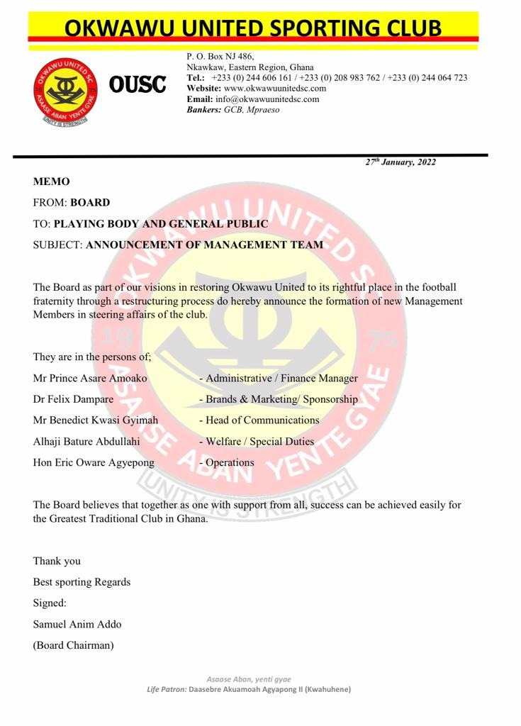 Okwawu United announce new management members