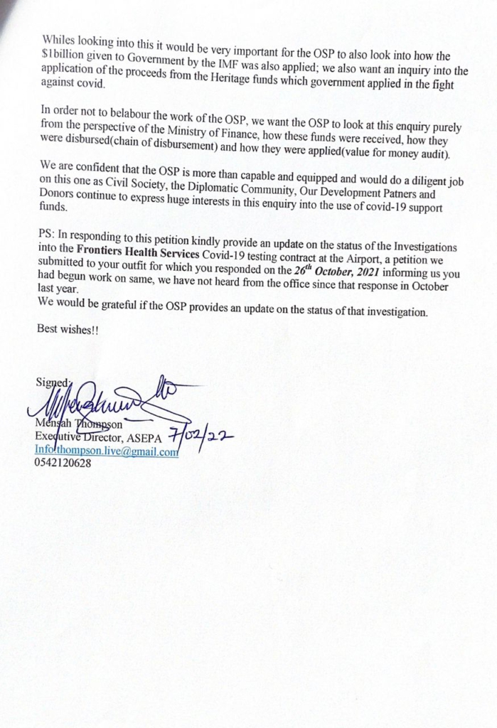 ASEPA petitions Special Prosecutor to probe Finance Ministry on use of $560m World Bank Covid-19 Support ASEPA petitions Special Prosecutor to probe Finance Ministry on use of $560m World Bank Covid-19 Support