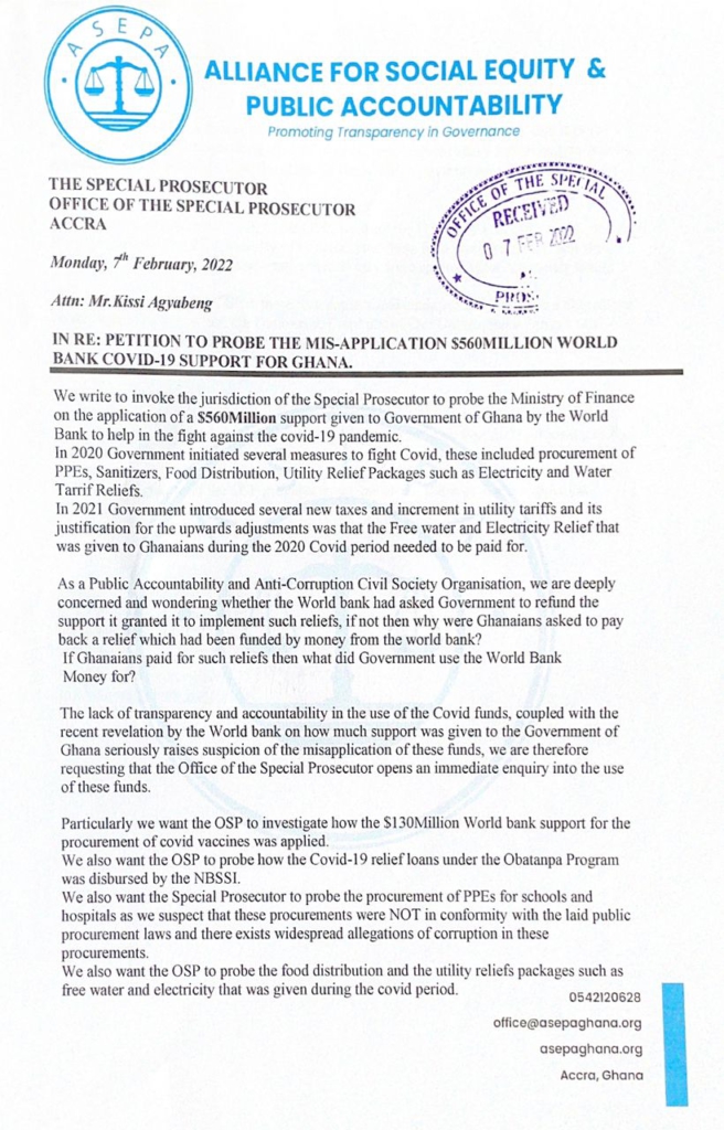 ASEPA petitions Special Prosecutor to probe Finance Ministry on use of $560m World Bank Covid-19 Support ASEPA petitions Special Prosecutor to probe Finance Ministry on use of $560m World Bank Covid-19 Support