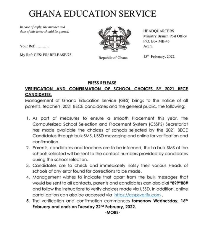 GES announces confirmation of school selection for 2021 BECE candidates