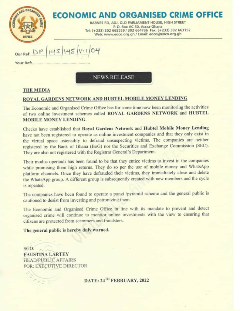 Don’t invest with Royal Gardens Network, Hubtel Mobile Lending; they’re fake – EOCO cautions