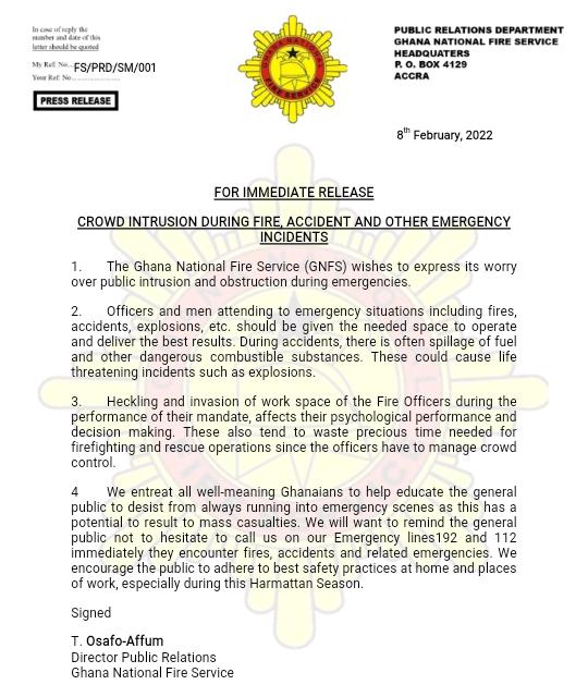 Desist from running to emergency scenes - GNFS advises public Desist from running to emergency scenes - GNFS advises public