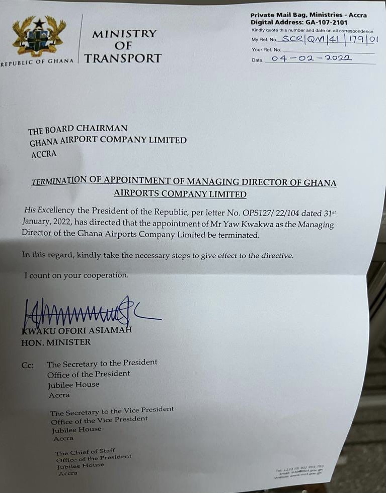 Ghana Airports Company MD, Yaw Kwakwa sacked