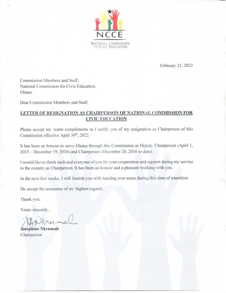 NCCE boss Josephine Nkrumah resigns