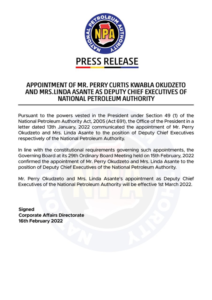 Akufo-Addo appoints Perry Okudzeto, Linda Asante as Deputy Chief Executives of NPA