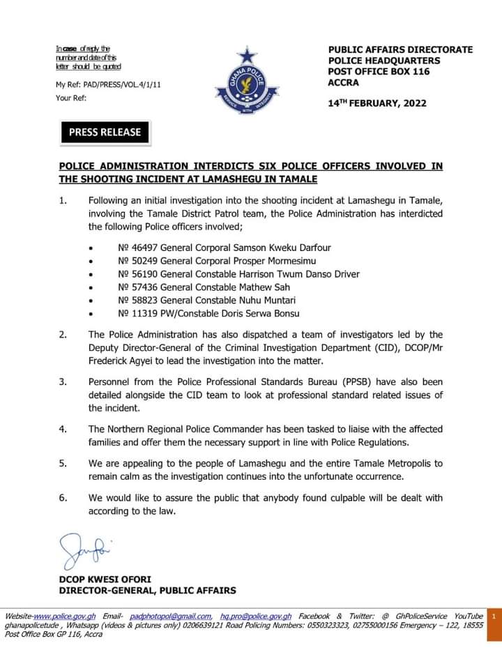 6 Police officers interdicted over Lamashegu shooting incident