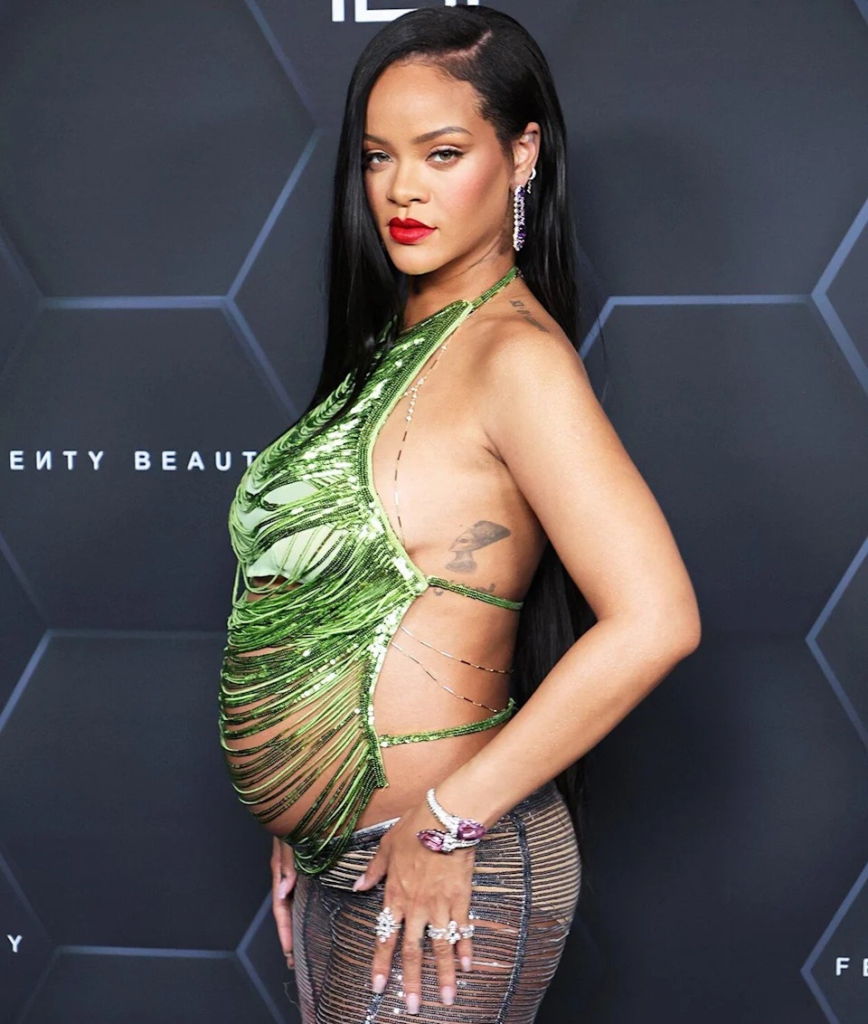 Rihanna poses for a picture as she celebrates her beauty brands fenty beauty and fenty skin at Goya Studios on February 11, 2022 in Los Angeles, California.
Mike Coppola/Getty