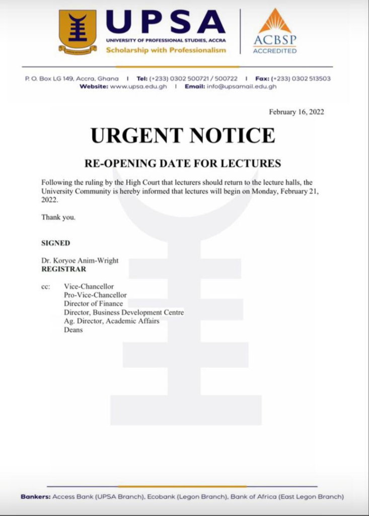 UPSA lecturers to resume academic activities on Feb. 21 UPSA lecturers to resume academic activities on Feb. 21