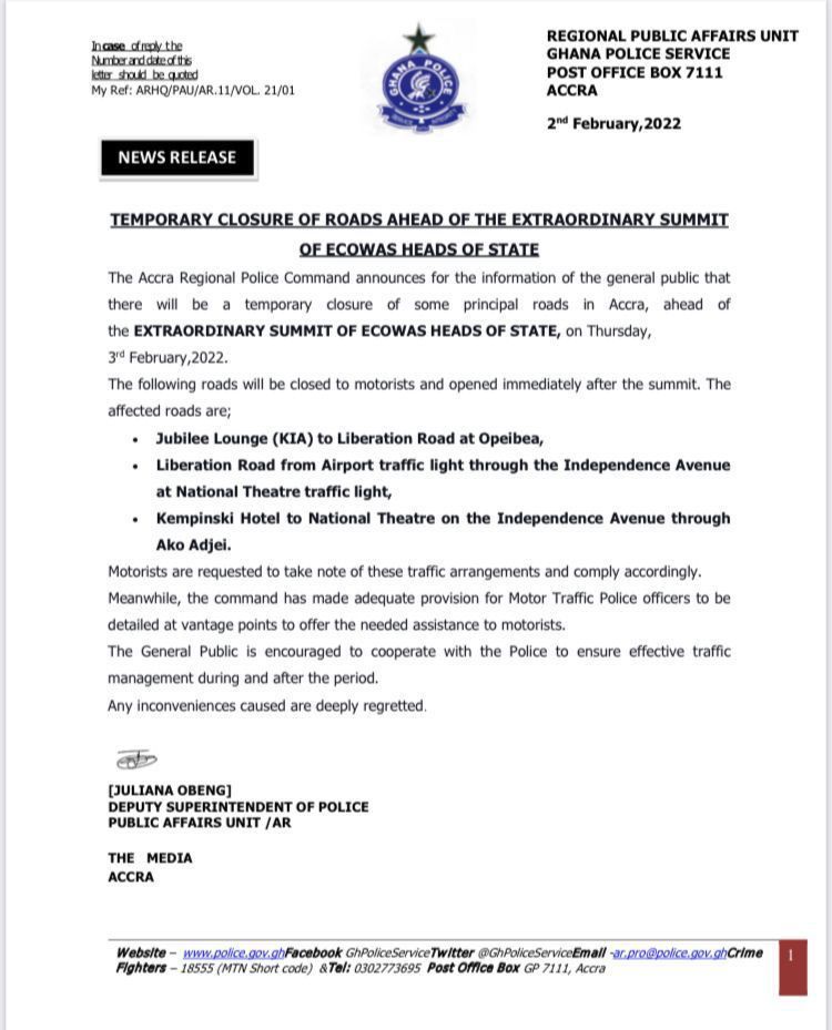 Major Accra roads to be temporarily closed for ECOWAS Heads of State summit on Thursday