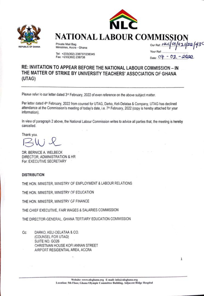 UTAG Strike: NLC cancels scheduled meeting after UTAG declined invitation UTAG Strike: NLC cancels scheduled meeting after UTAG declined invitation