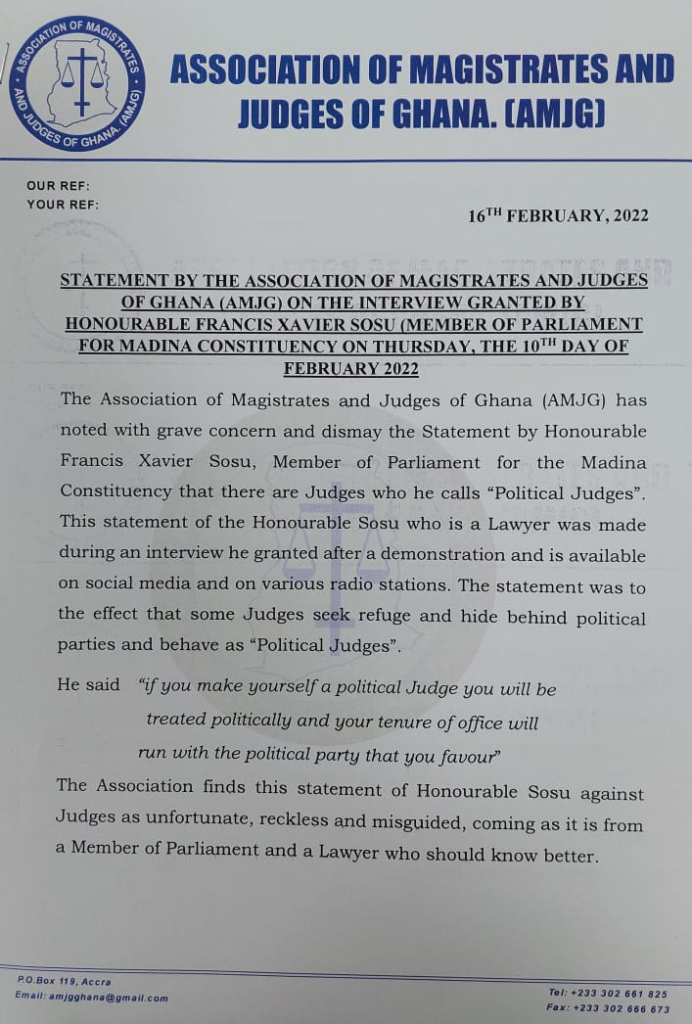 Judges Association to haul Francis Xavier Sosu to GLC over 'political judges' comment Judges Association to haul Francis Xavier Sosu to GLC over 'political judges' comment