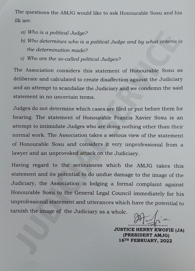 Judges Association to haul Francis Xavier Sosu to GLC over 'political judges' comment Judges Association to haul Francis Xavier Sosu to GLC over 'political judges' comment