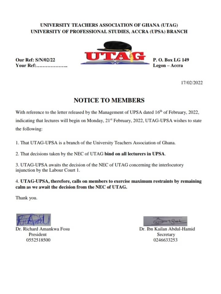 UPSA-UTAG rescinds decision to return to class despite court order UPSA-UTAG rescinds decision to return to class despite court order