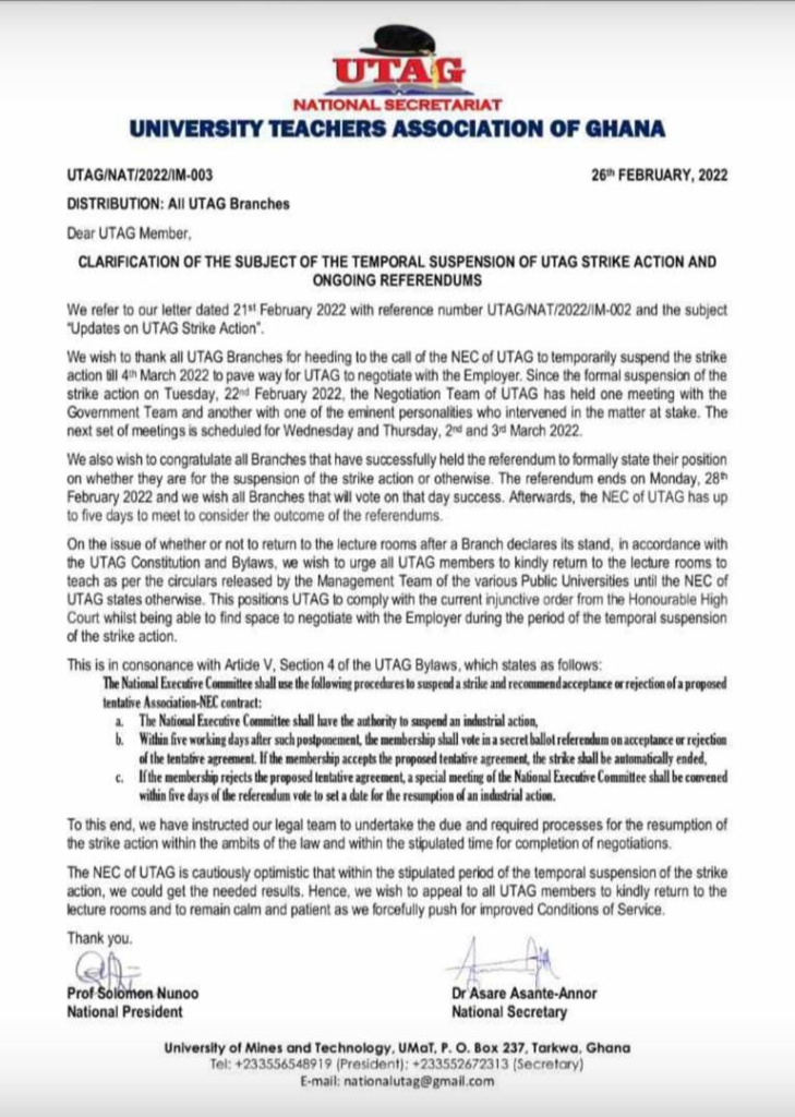 Return to class while we negotiate towards March 4 deadline - UTAG urges lecturers Return to class while we negotiate towards March 4 deadline - UTAG urges lecturers