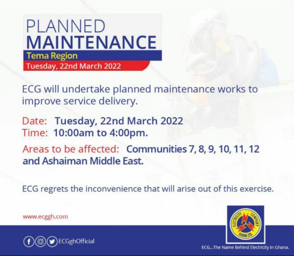 ECG to undertake planned maintenance works in Tema from Tuesday
