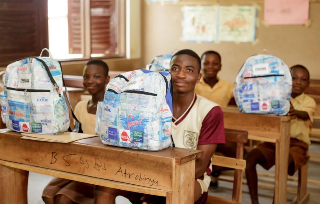 For The Future Ghana partners SchoolInABag, and Trashy Bags Africa to donate 353 filled school bags to underprivileged students