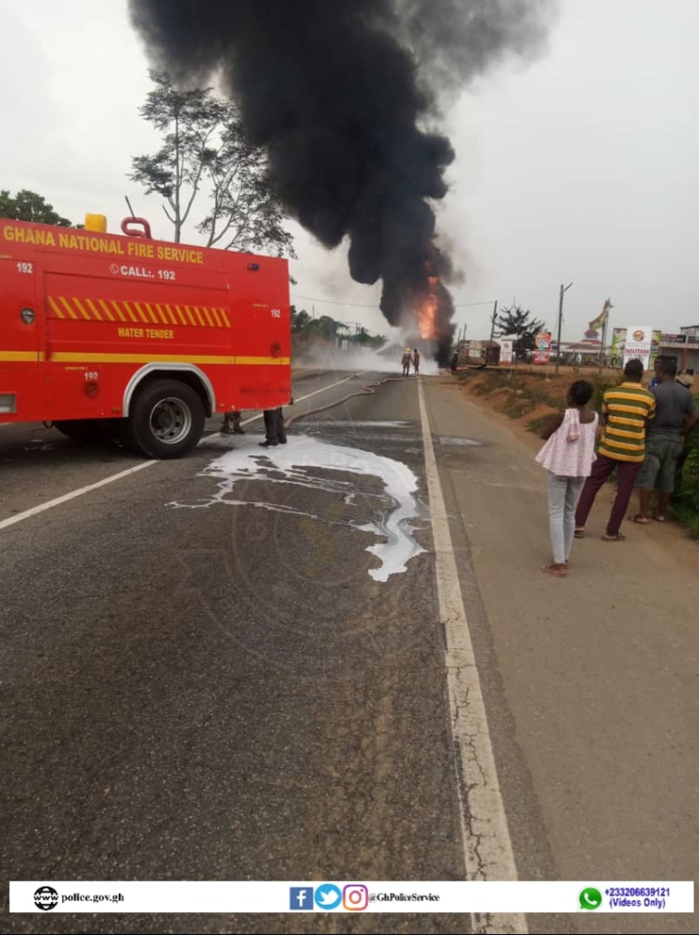 Fuel tanker catches fire on Accra-Kumasi highway at Nsutam