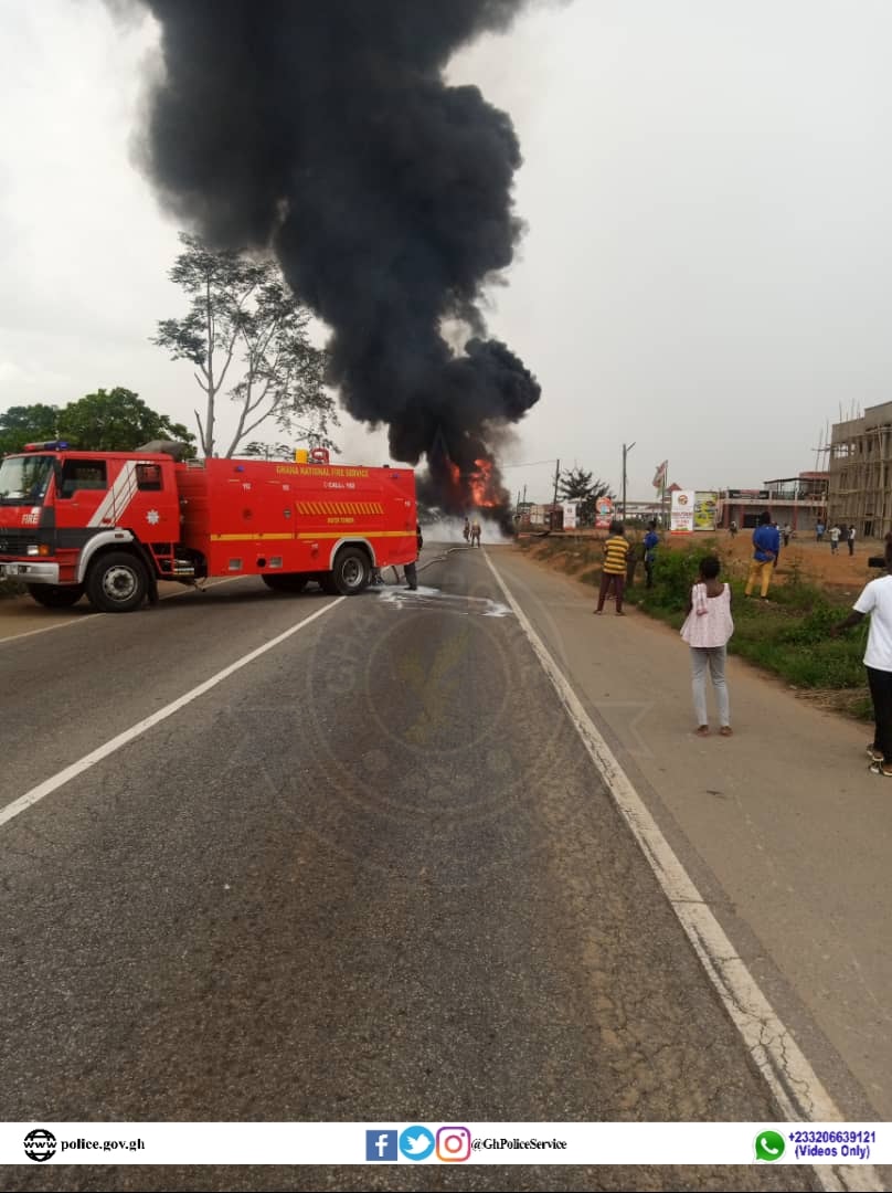 Fuel tanker catches fire on AccraKumasi highway at Nsutam