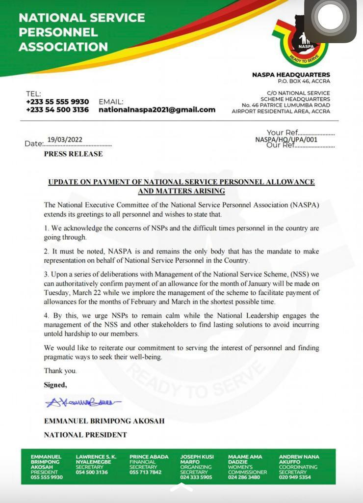 NSS allowance for January to be paid March 22; arrears to be disbursed later - NASPA President NSS allowance for January to be paid March 22; arrears to be disbursed later - NASPA President