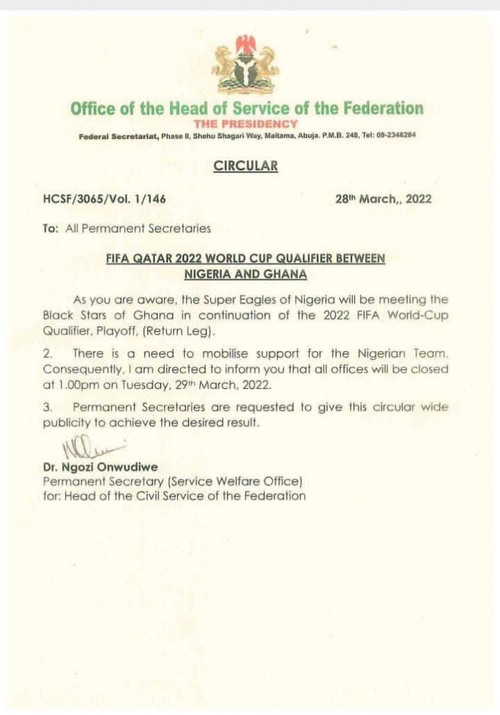 Nigeria government orders closure of offices at 1pm ahead of Black Stars match