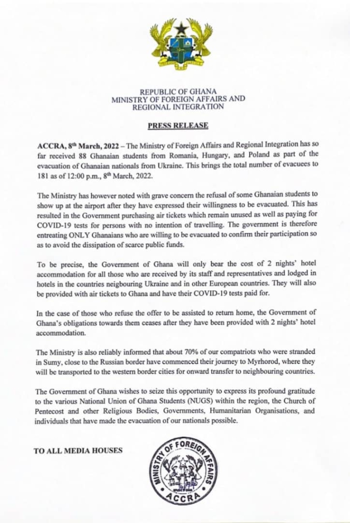 181 Ghanaians evacuated from Ukraine so far – Foreign Affairs Ministry 181 Ghanaians evacuated from Ukraine so far – Foreign Affairs Ministry